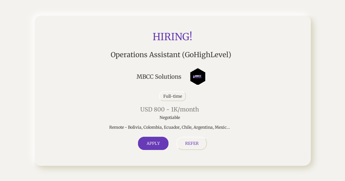 Operations Assistant (GoHighLevel) at MBCC Solutions | Torre
